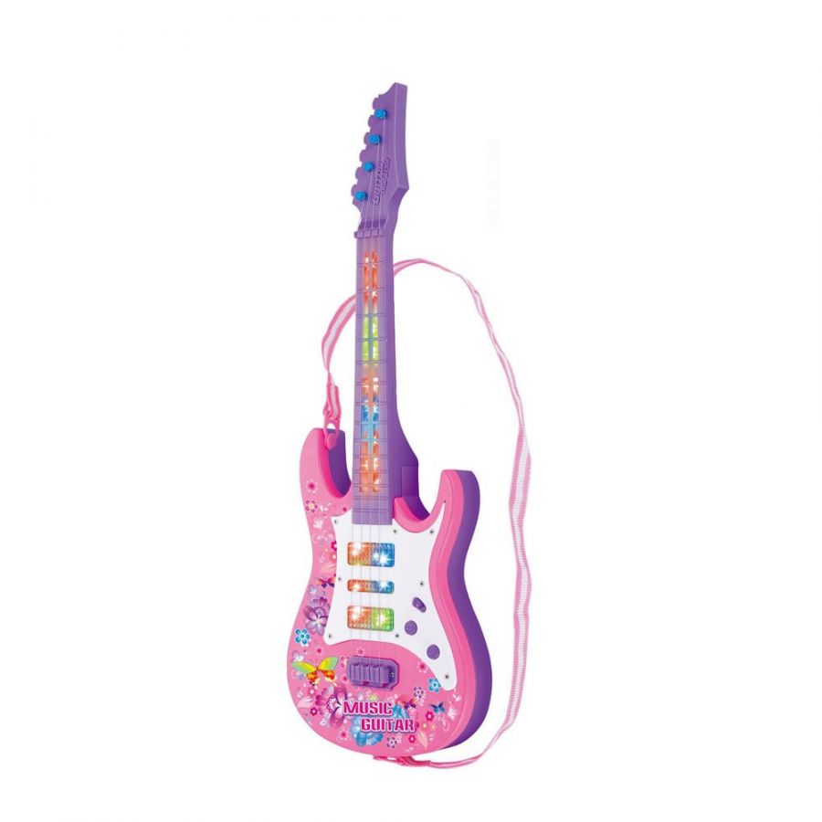 Chitara electrica, destinata pentru copii, dimensiune 52 cm, lumini atractive, accesorii incluse, roz